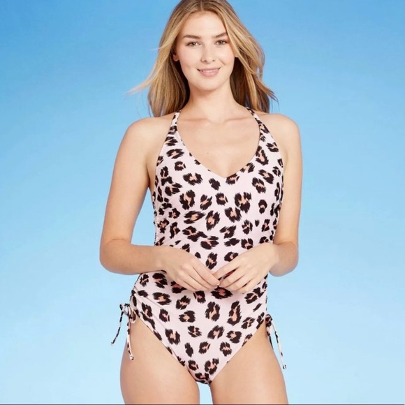Kona Sol One Piece Animal Print Halter Style Side Tie Ruched Swimsuit - Picture 1 of 9